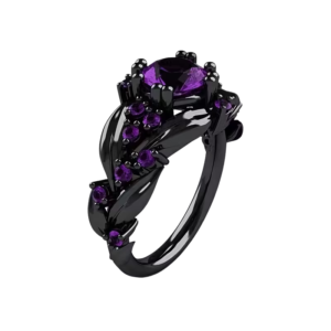 Purple Petal Ring - a large stone set in a gunmetal band, surrounded by tiny purple gems on either side - perfect for Goth-inspired looks, formal events or everyday wear.